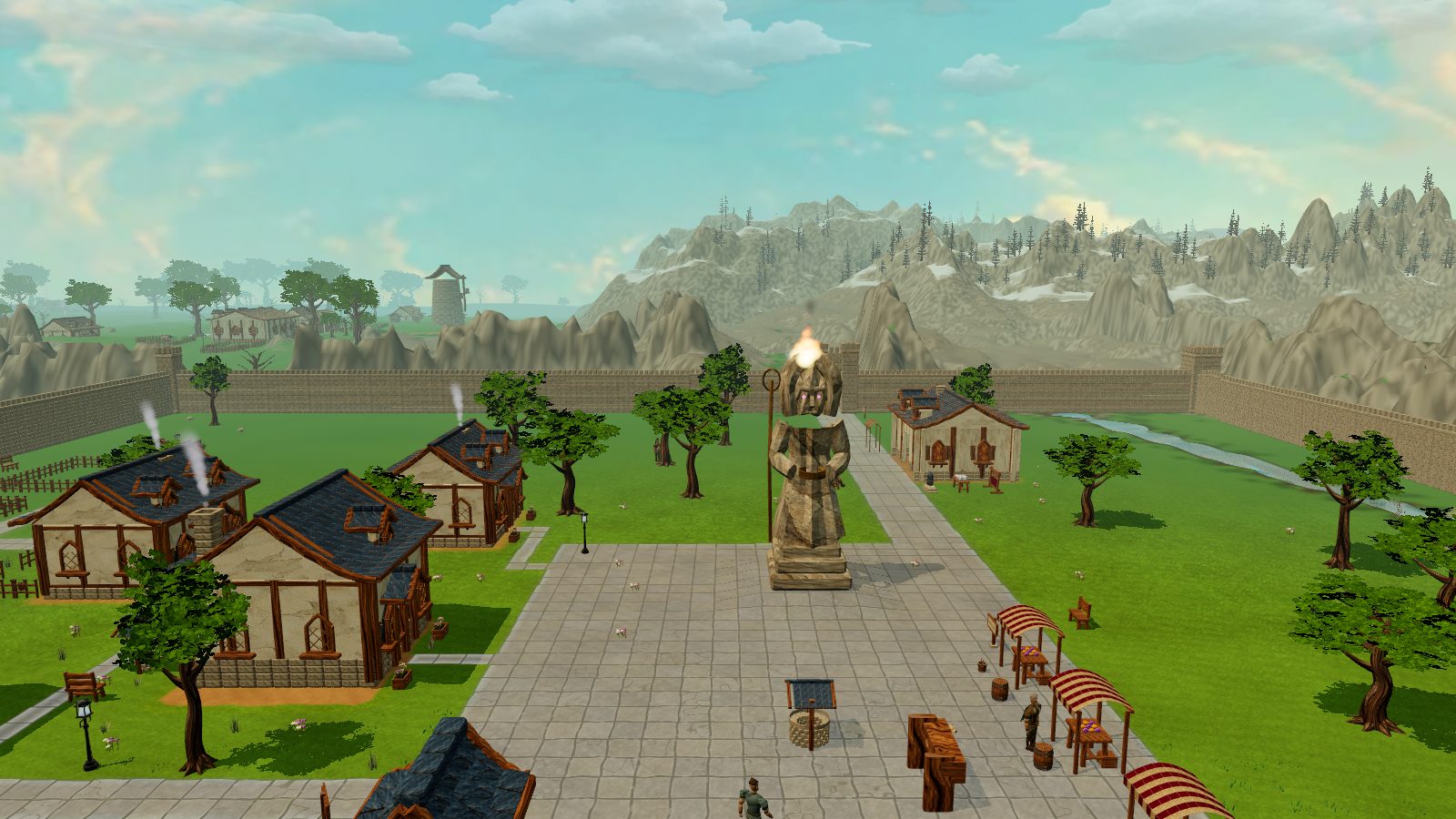 Lightshire's plaza and statue under a painted sky, with mountains beyond the town walls