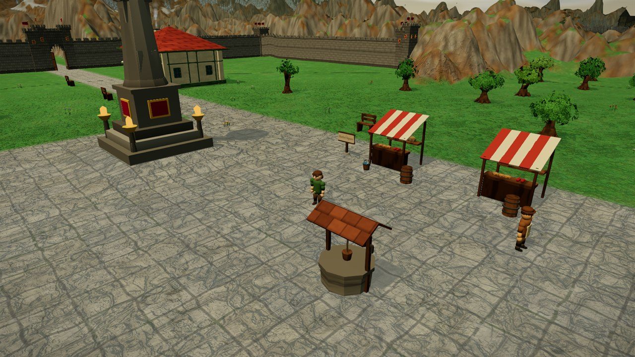The repainted town square with striped stalls, castle walls and mountains