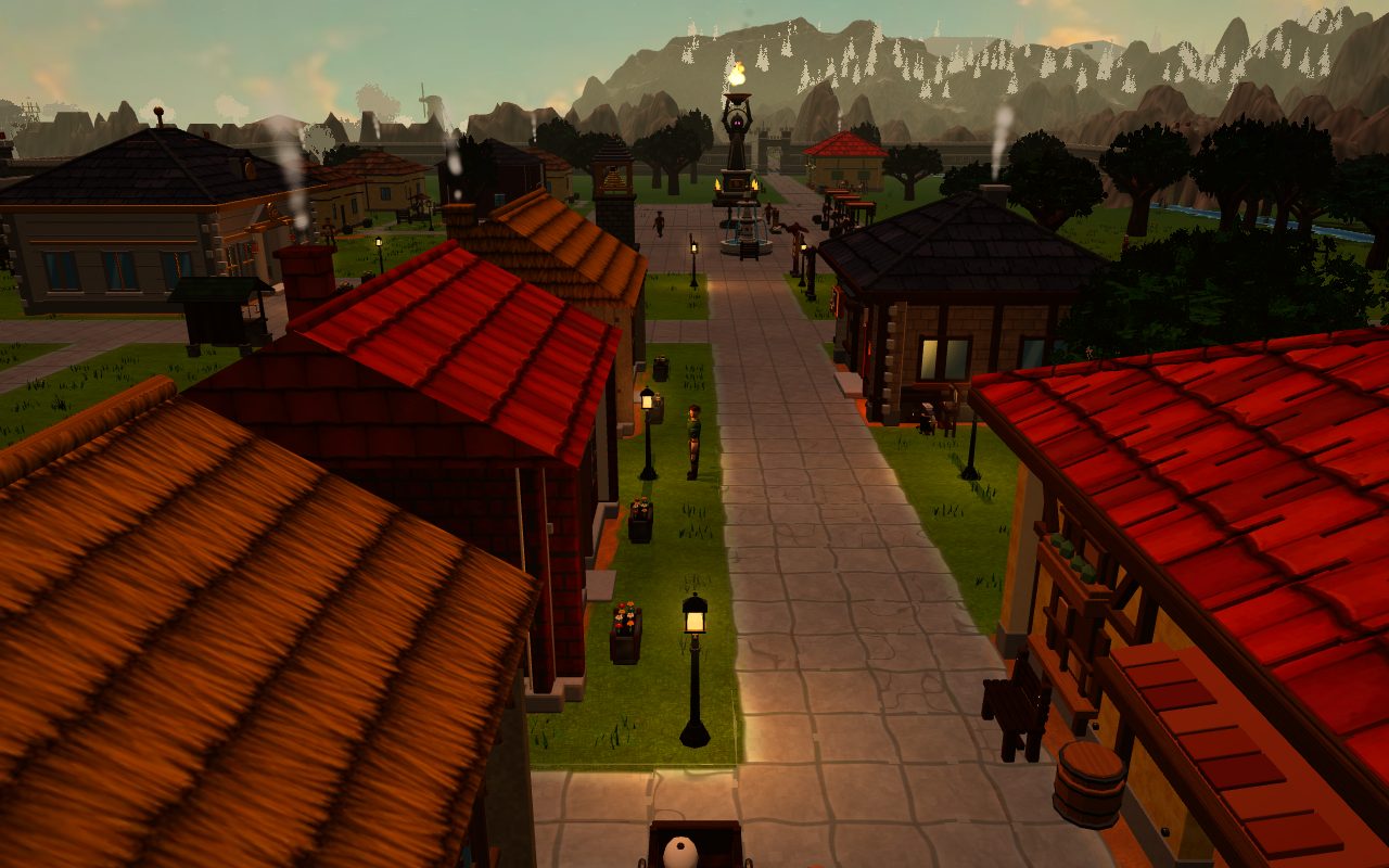 Lightshire's main street at dusk, lit by street lamps, with tiled roofs in the foreground