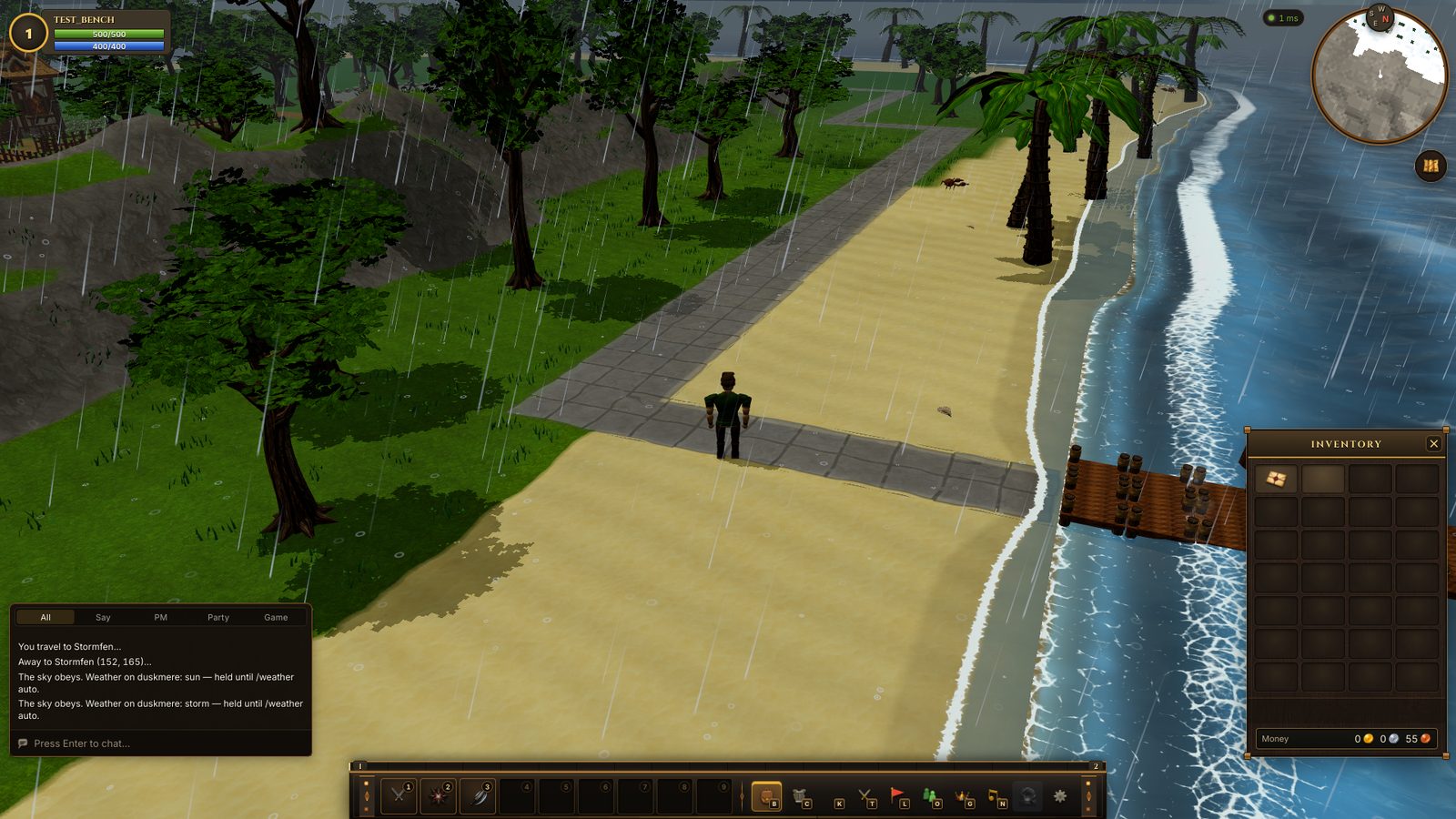 An adventurer on a rainy Stormfen beach with palms, a jetty and breaking waves